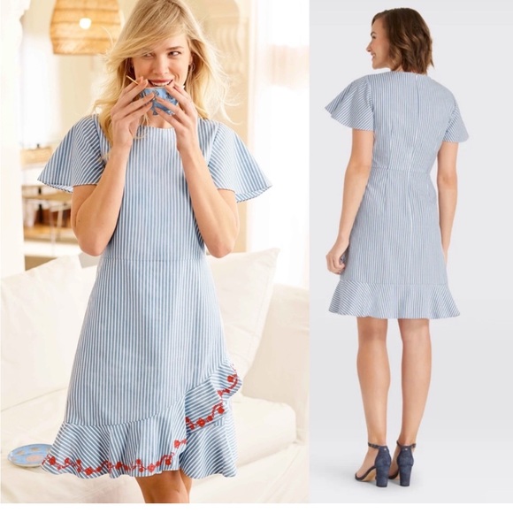 Draper James Dresses & Skirts - Draper James Embroidered Faux Wrap Dress Blue White Stripes Ruffle Size 6‎